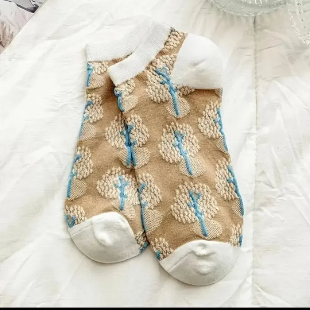 4 Pairs cottagecore Embroidered Floral Print Short ankle Socks